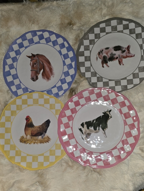Source Unknown Other - Farmhouse Checkered Dinner Plates Set - Blue, Gray, Yellow, Pink